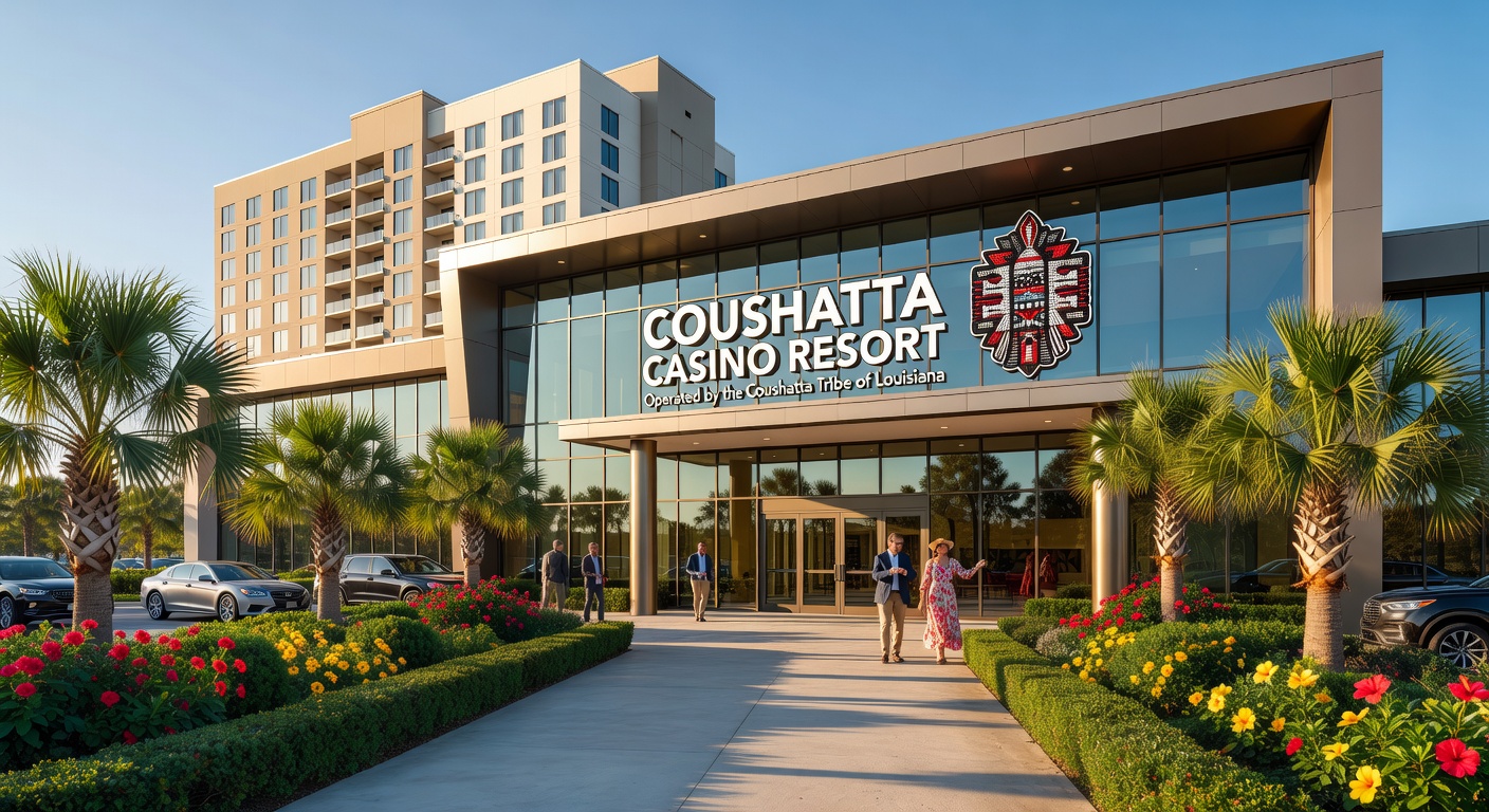 Interior lobby of Legacy Tower featuring Coushatta basketry-inspired designs and the prominent seven-story LED screen