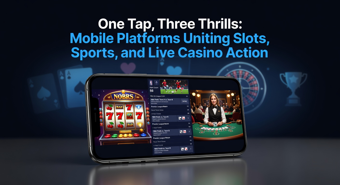 Smartphone screen displaying slots, sports betting odds, and live casino dealer in a seamless mobile app interface